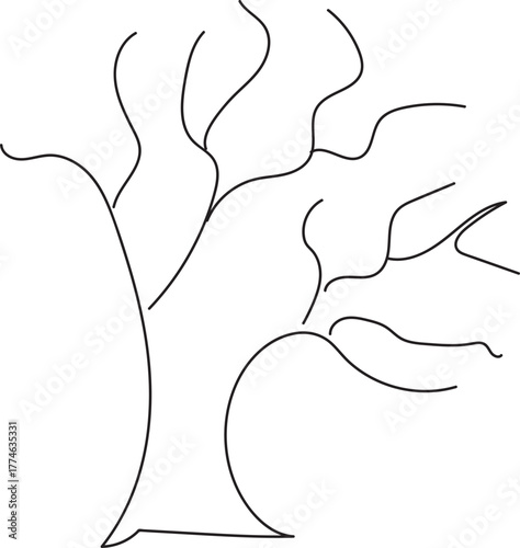 PrintSimple line drawing of a bare tree with winding branches reaching upwards, isolated on transparent background