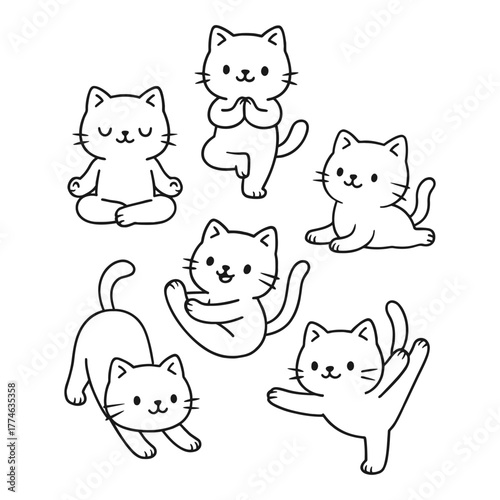Group of Yoga Cats. Hand-drawn coloring pages