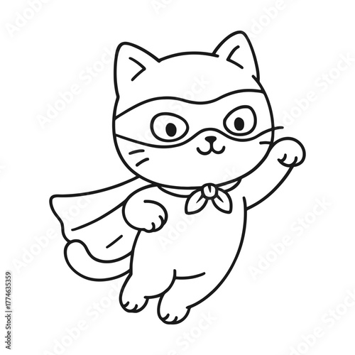 The hero cat is flying. Hand-drawn coloring pages