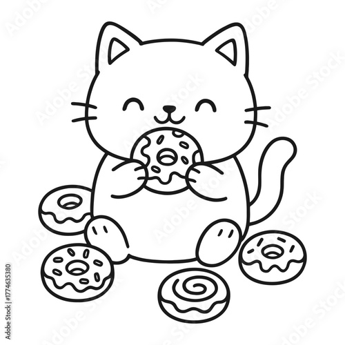 Cat eating donut. Hand-drawn coloring pages
