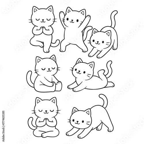 Group of Cats practicing yoga. Hand-drawn coloring pages