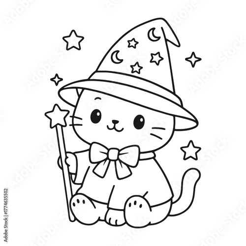 Cat becomes a wizard. Hand-drawn coloring pages