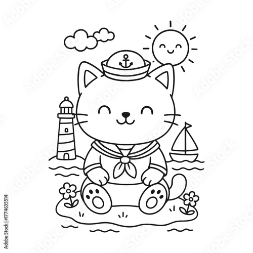 Sailor Cat. Hand-drawn coloring pages