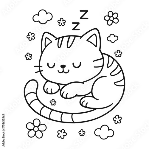Sleeping cat. Hand-drawn coloring pages