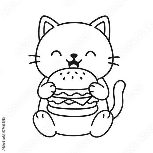 Cats like to eat burgers. Hand-drawn coloring pages