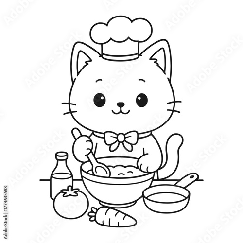 Chef Cat is making cooking dough. Hand-drawn coloring pages