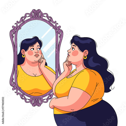 Pensive Woman Gazing at Her Reflection in an Ornate Lavender Mirror