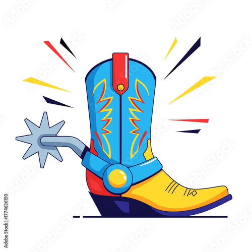 Stylized Cowboy Boot with Spur Featuring Vibrant Colors and Dynamic Lines