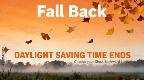 Autumn leaves and time adjustment text, representing the end of daylight saving time, time adjustment, and autumn, suitable for time science popularization and life reminder scenarios.
