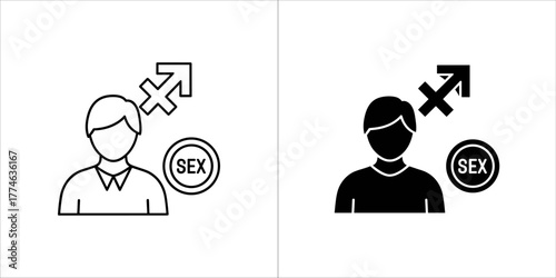 Man icon with sagittarius symbol and sex symbol, outline and filled