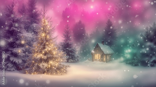 Wallpaper Mural A magical winter night with snow-covered trees glowing in soft colorful lights. The dreamy bokeh background and sparkling snowflakes create a festive, enchanting, and heartwarming holiday mood. Torontodigital.ca