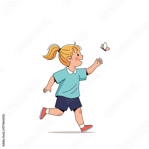 A smiling young girl with a ponytail runs with enthusiasm, playfully reaching out to touch a butterfly in a moment of innocent joy.