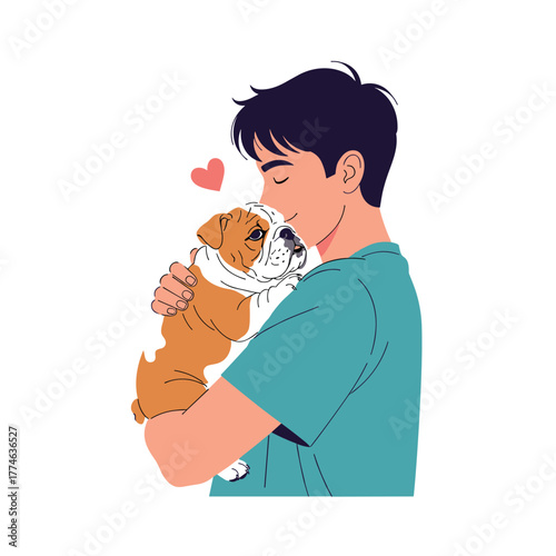 Young man tenderly cradling a cute bulldog puppy, expressing deep affection and love for his pet, with a heart symbol signifying their strong bond.