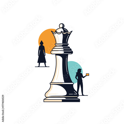 Illustrative concept of female empowerment, strategy, and leadership featuring a prominent chess queen and two women's silhouettes, signifying various roles.