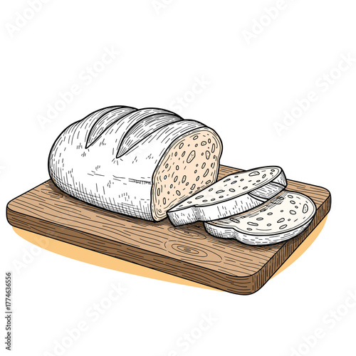 Detailed hand-drawn illustration of a classic white bread loaf, freshly cut into several slices, displayed on a wooden chopping board.