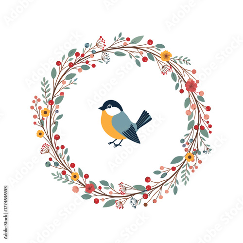 A charming little bird with a black cap and colorful plumage sits peacefully within a vibrant circular wreath of leaves, flowers, and berries.