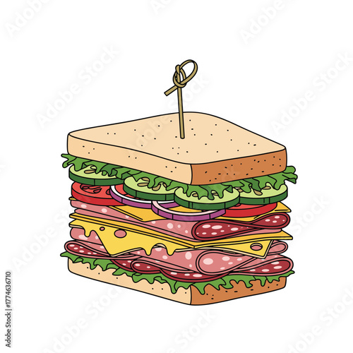 A delicious, stacked club sandwich, bursting with fresh vegetables, cheese, and various deli meats, held together by a wooden pick.