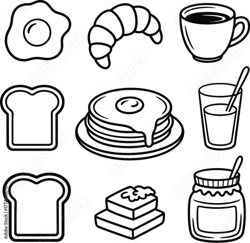 Breakfast food icons fried egg croissant