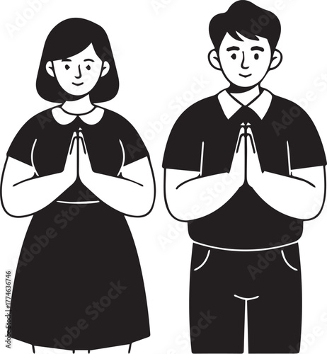 Polite Gesture of Welcome: A welcoming pair, a man and a woman, offering a gesture of respect and goodwill. The image embodies politeness and friendly attitude.