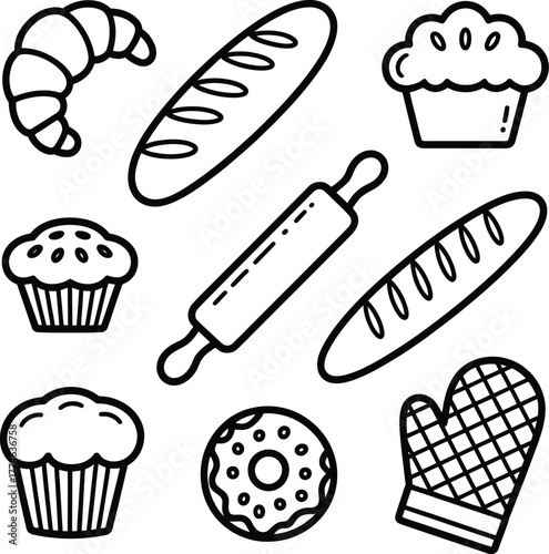 Baking icons croissant bread muffin donut rolling pin oven mitt