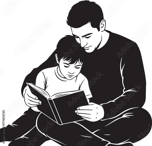 Shared Storytime: A caring father and son engrossed in a book, fostering a strong bond through the joy of reading and shared imagination.