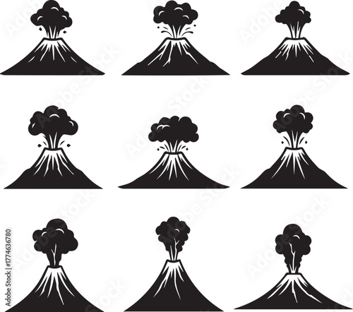 Volcanic Eruption Sequence: A set of detailed illustrations depicting a volcanic eruption across various stages