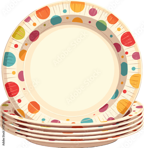 Decorative ceramic plates with colorful playful patterns, perfect for kitchen illustrations, cooking blogs, cheerful recipe layouts, table setting graphics and modern home décor themed visual projects