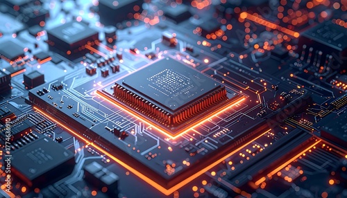 Macro view of a central processing unit (CPU) and circuit board illuminated with orange and blue lights