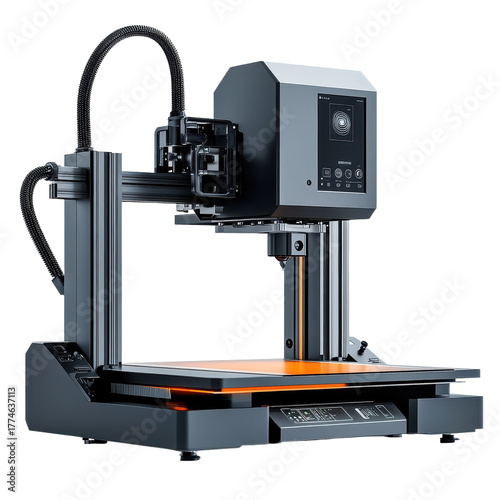 Modern 3d printer with orange print bed and black frame for rapid prototyping and manufacturing use on transparent background