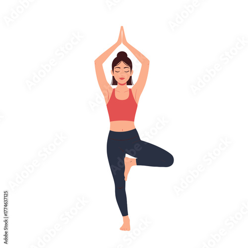 Woman in Tree Pose with Hands in Prayer Position Above Head