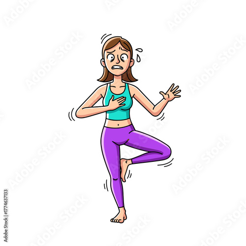 Anxious Cartoon Woman Struggling with Tree Pose Sweating and Unbalanced