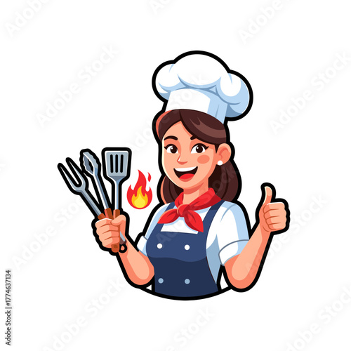 Cartoon Chef with Utensils and Flame Giving a Thumbs Up Gesture