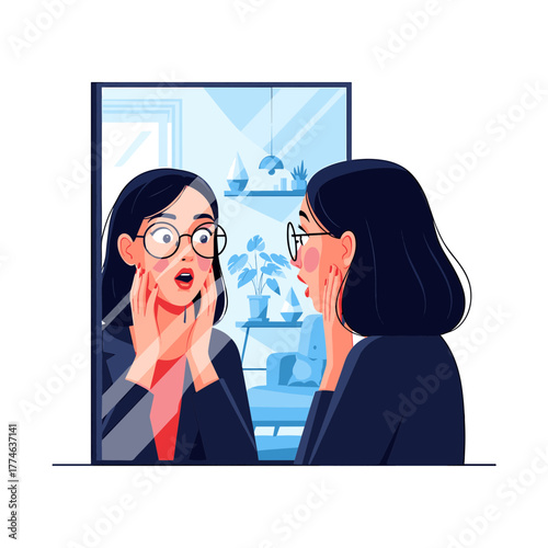 Astonished Woman Gazing at Reflection in a Mirrored Surface Surprised