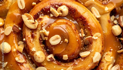 Macro view of a sweet pastry, swirled and glazed with caramel and topped with nuts. Delightful and delicious treat