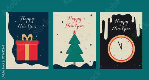 Flat trendy abstract geometric Happy New year design set of three social media, banner, poster or header design vector illustration template.