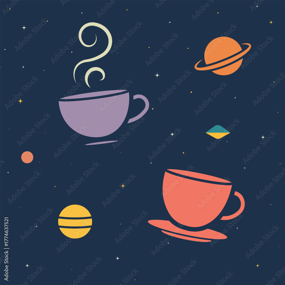 Fototapeta premium Cosmic Coffee Concept – Space and Planets Illustration
