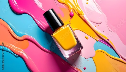 Vibrant yellow nail polish bottle on a bright splashy background for beauty designs
