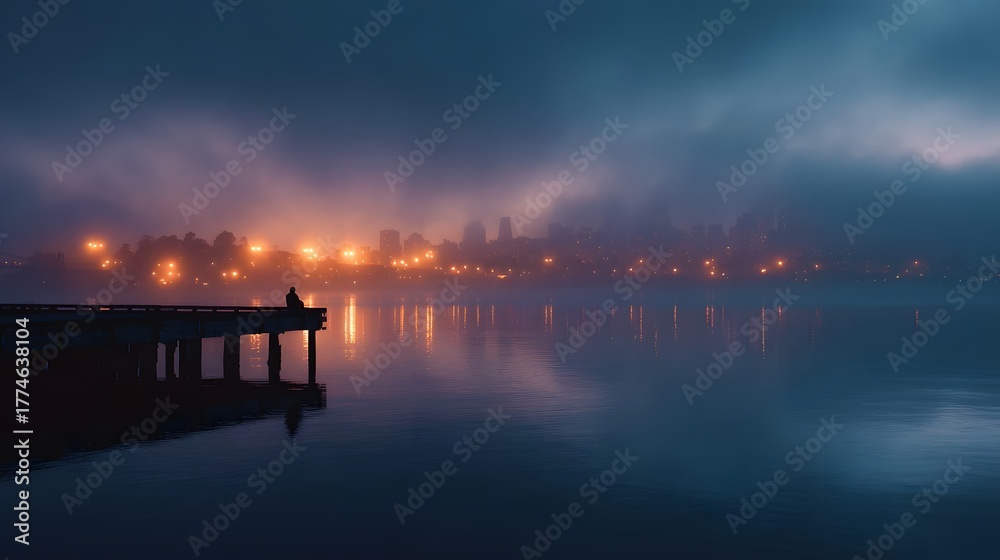 Obraz premium Solitary figure on pier at twilight gazes at foggy city skyline reflected in water