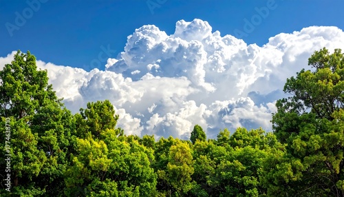 Lush green trees frame a dramatic sky filled with puffy white cumulus clouds against a vibrant blue backdrop