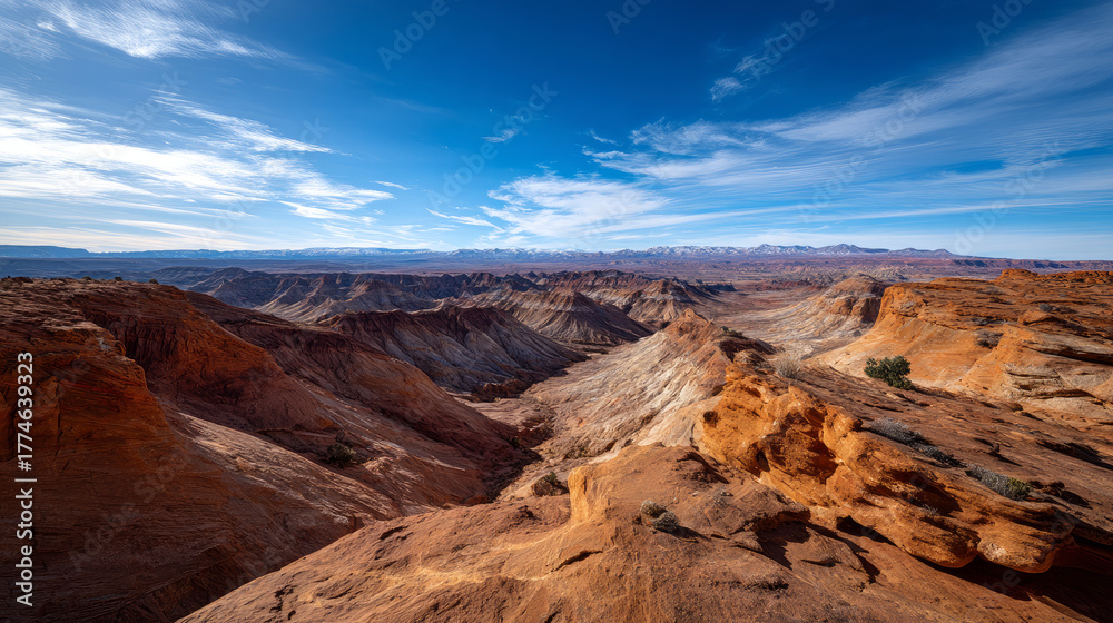 Naklejka premium Stunning wide view of endless desert sandstone hills under blue sky. beautiful desert background. gorgeous scene straight out Arabian fairy tale, where sand, heat, silence reign.