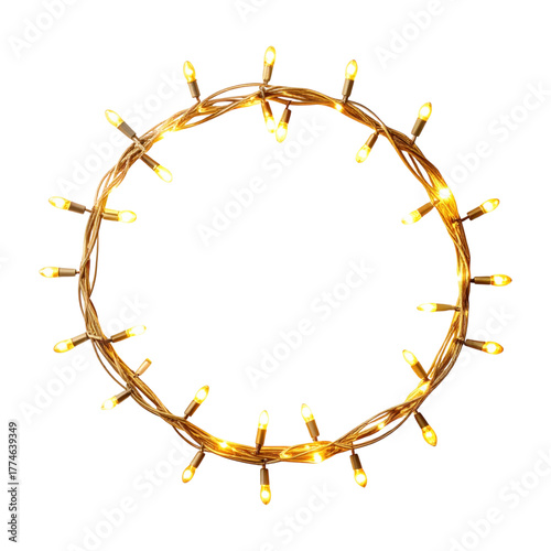 Blank warm golden twinkle light garland mockup, soft glowing mini bulbs evenly spaced along a looping wire, isolated on transparent background, png