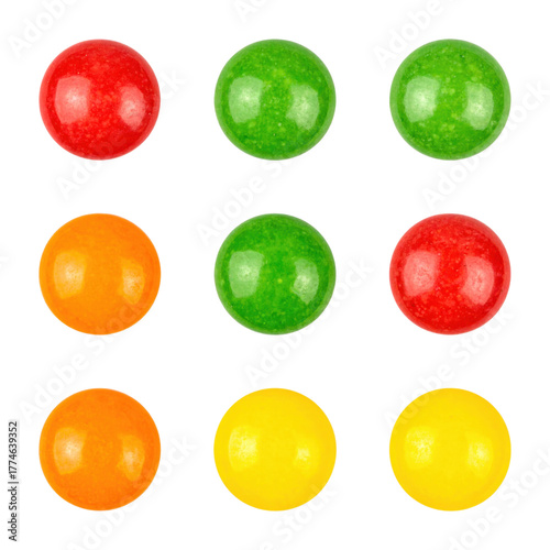Set of tiny gumdrop candies mockup in red, green, yellow and orange, rounded sugar coated domes, isolated on transparent background, png

