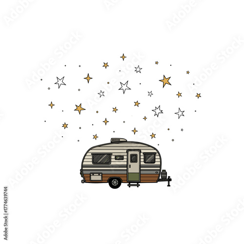 Minimalist camper with expansive starfield in night sky  