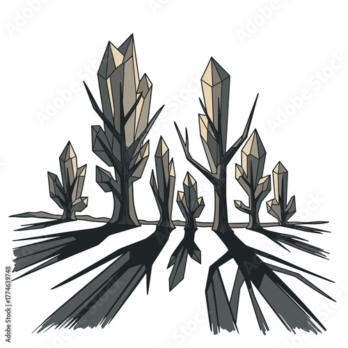 Stylized trees with crystalline shapes casting long shadows  