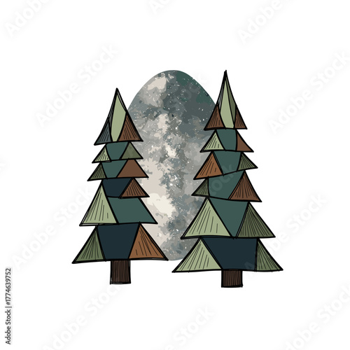 Geometric pine trees framing the Milky Way in a stylized design  
