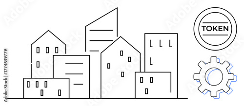 Minimalist cityscape with varied buildings, accompanied by a token and gear icon. Ideal for real estate, urban development, blockchain, fintech, technology, industry innovation. A simple flat