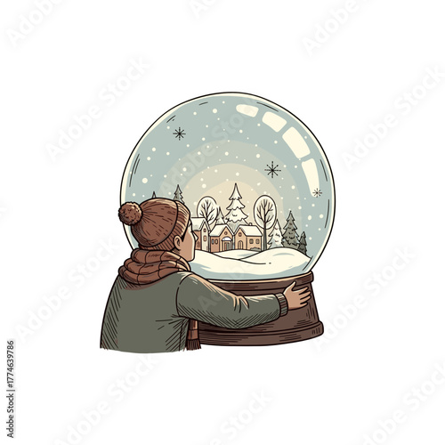 Person admiring a snow globe depicting a snowy village scene  