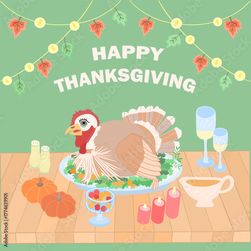 thanksgiving turkey autumn feast vector illustration with pumpkin gravy and fall leaves in flat design style