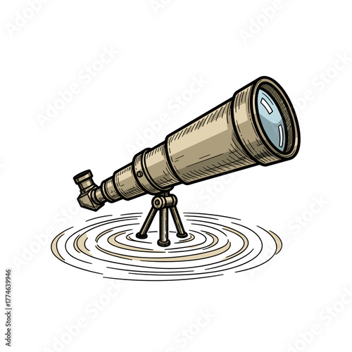Vintage telescope creating celestial ripple effect on white background  