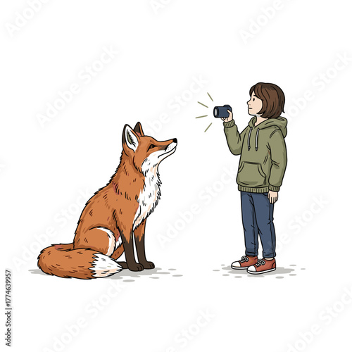 Child photographing a fox while standing in a snowy setting  